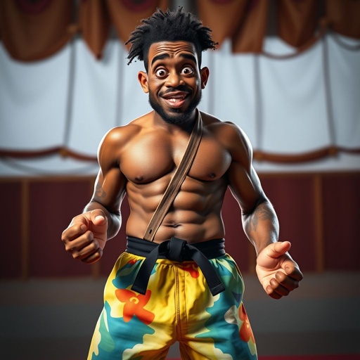 Create a character who looks like a funny African karate guy who doesn’t have a clue what he is doing. Make him have weird toes, only speedos on and a black karate belt.
