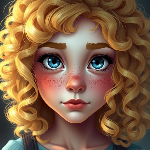 Blue gray eyes Blonde curly hair Freckles