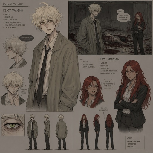 Anime style Male great detective takes his job seriously mid 20s medium really crazy light blonde hair, tall thin tied, clean shaven, strange green eyes wearing baggy loose jacket tired face, partner, long red hair brown eyes annoyed and concerned for him, try take case seriously,gruesome seen,detective do whatever he can, partner and him get into arguments usually partner will say "you really need some rest you can barely stand and your speaking trails off, how do you expect to finish this case with the little sleep and food you get" detective reply" all I need is some coffee, I can survive I don't plan on resting till I get to the bottom of this, worrying never helps"as he yawns, partners says back "ugh! your really stubborn, looks like I'm going to have to catch you again when you pass out" as a comic