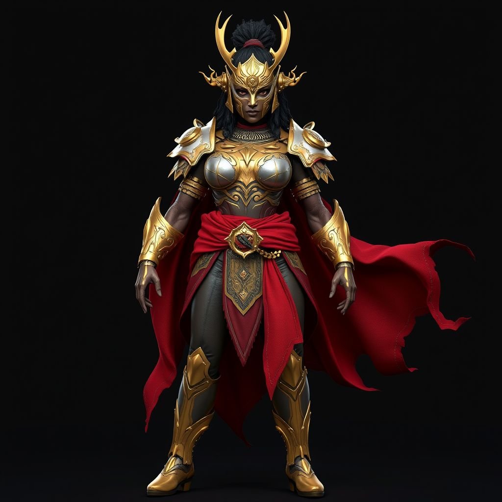 An African American woman wearing A full face female war mask with gold accents wearing a gold and silver set of chest armor with a red cloth wrapped around her waist wearing leather pants with leg armor and gold boots