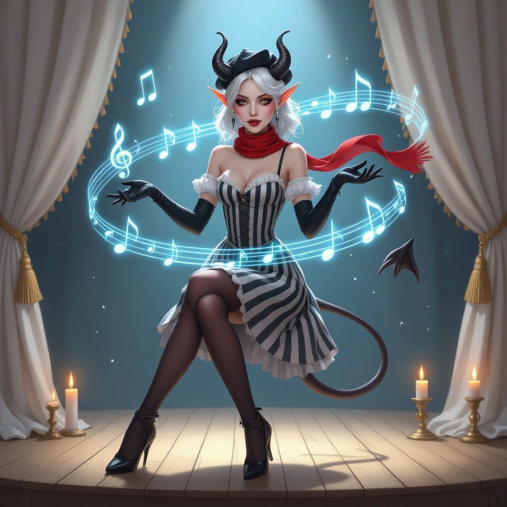 The image depicts a semi-realistic fantasy character performing on a softly lit stage. She’s a tiefling — a humanoid figure with small curved horns, pointed ears, and a slender tail tipped in dark red and black. Her skin is porcelain-pale, and her long silver-white hair flows past her shoulders beneath a black beret.  She wears a whimsical mime-inspired outfit: a sleeveless black and deep-red striped dress with suspenders, matching thigh-high stockings, and long gloves in the same pattern. A bright red neck scarf provides contrast, and her makeup exaggerates her expressive features — dark eyeshadow, vertical lines beneath her eyes, and small red lips parted in mid-song or gasp.  Around her, faint glowing blue musical notes spiral through the air, suggesting she’s singing or casting a magical performance. The background shows a wooden stage framed by ivory curtains and soft candlelight, giving the entire scene a theatrical, vintage cabaret atmosphere.  The overall mood blends elegance, whimsy, and a hint of melancholy — as if this performer’s music carries both laughter and longing.