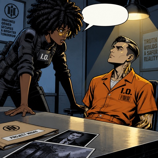 Slone from Fortnite interrogating Midas from Fortnite, Midas wearing an orange jumpsuit, 