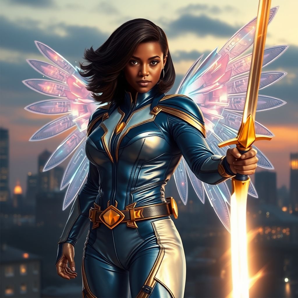 African American female superhero with shoulder length hair in a side part style and holographic wings wearing a homemade leather white and blue suit with gold accents and blue pants with a stylized V as her chest emblem wearing gold flat boots  made of gold fire holding a large glowing broadsword in one hand standing in Philadelphia at dusk