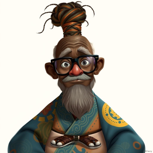 Create a funny looking African sensei. Show the whole character from head, body , legs , feet and make him serious. 