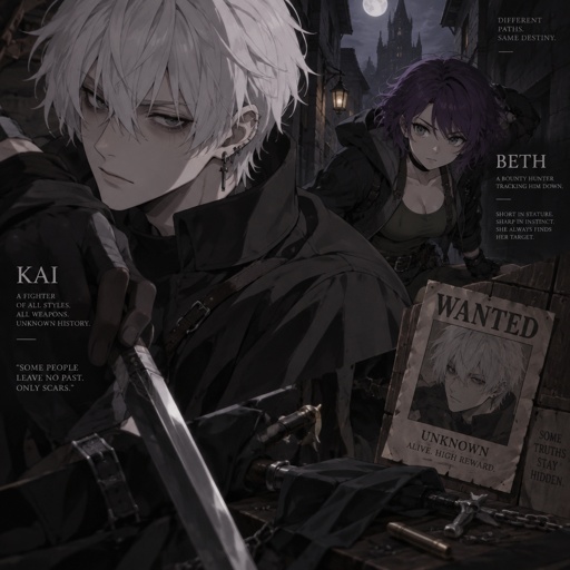 Anime style, male, name kai,highly skilled in fighting all fighting styles and weapons, white hair,dark bags,white skin,earrings, history unknown,Female, name is Beth,medium wavy dark purple hair, gray eyes, short, open jacket with a dark green shirt, she is a Bounty Hunter for hire, she’s tracking down Kai 