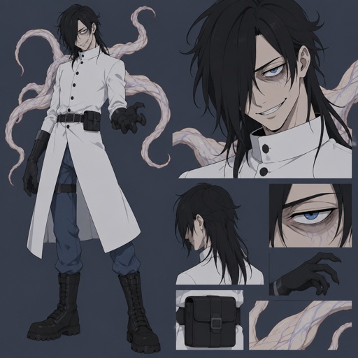 Male, black messy greasy hair, thin straight shoulder length hair in the back, long hair in the front covering one eye, blue eyes, eye bags, veins under eyes, pale tendrils coming out of back with veins, blue pants, boots, black rubber gloves, scientist jacket buttoned up, belt with pouch, evil smile