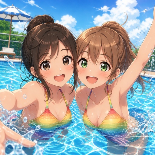 two girls in a swimming pool with their arms in the air