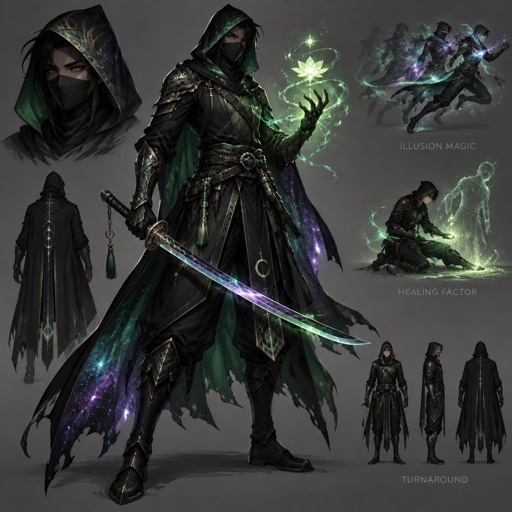assassin green shiny cosmos color mostly black, healing factor, illusionist, katana