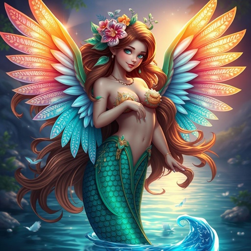 A female mermaid with macaw wings and brown hair in a ginger river