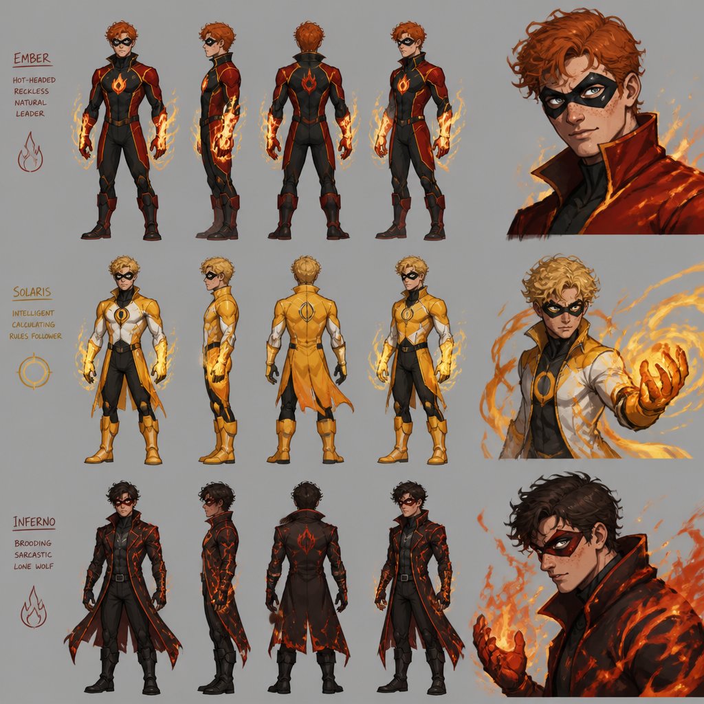 Male superhero with fire powers,eye mask, cool costume, freckles,multiple of the same character