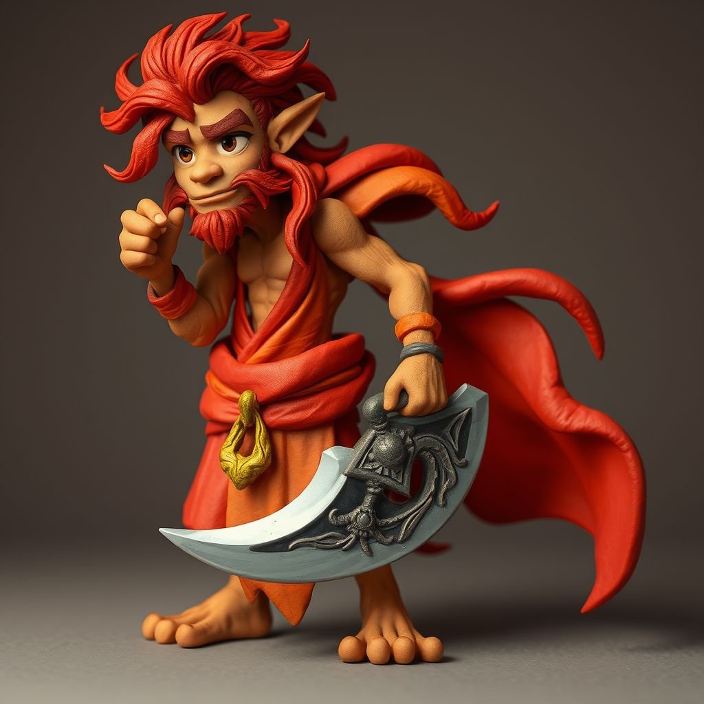 Create a character: Rhen the Fire-Singer – A lean, muscular man with sun-kissed bronze skin and ember-like eyes. His hair is a wild mane of deep crimson. He wears layered, flowing desert robes dyed in warm reds and golds, with scorch marks where flames have licked them. A curved blade hangs at his hip.