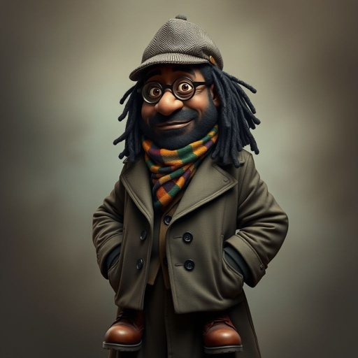 Create a funny serious fat character similar to Sherlock Holmes, but make him of black decent and with dread locks. Show his whole outfit including his shoes.