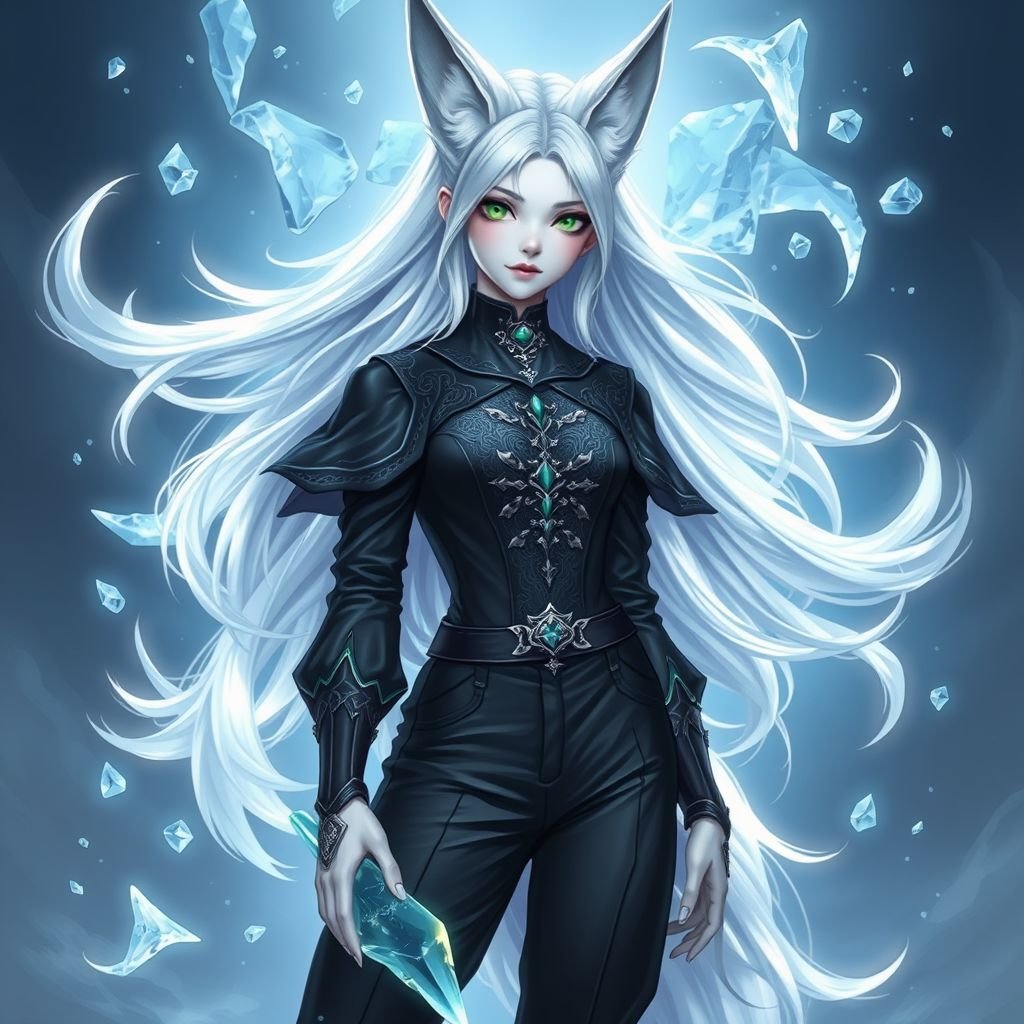 A teenage girl with pale skin and emerald eyes wearing black royal top and trousers with long white hair and small fox ears conducting ice
