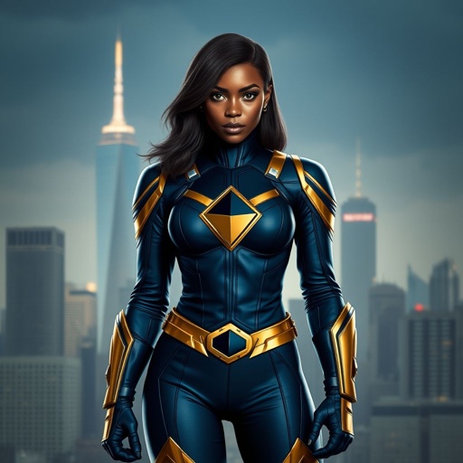African American female superhero with hair in a shoulder length side part hairstyle with pure silver Glowing eyes wearing a leather slightly armored navy blue and gold suit with navy blue pants and gold boots with a diamond with the top half gold and the bottom half black her chest emblem in Philadelphia