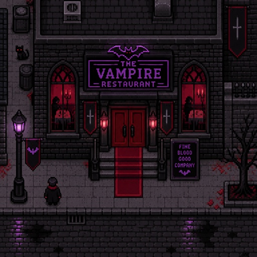 Vampire restaurant for a fantasy game set in modern times, exterior, full building, top-down style