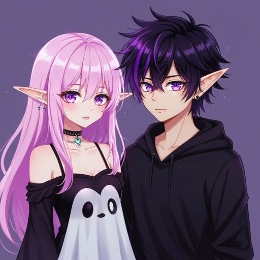 Anime boy, emo, black and purple streaks in hair, elf ears, glowing purple eyes. Anime  girl with long pink hair, curves, ghost outfit, glowing eyes. Two people 