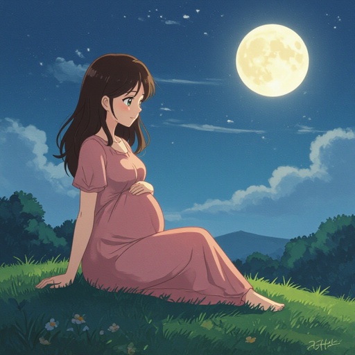 A pregnant lady sitting on a hill lit by the moon