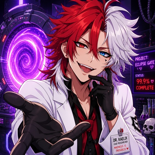 Villain mad scientists, lab coat, clean shaven, looks like a mess,very flirty, hair style called "I've never seen a hair brush in my life" Wolf Cut hair color is red with white tips would rather die than be saved by the hero, "I don't need one for I AM a weapon of mass destruction, likes to mess with the hero teasing them, has invented machines that lead to portals ,two different eye colors