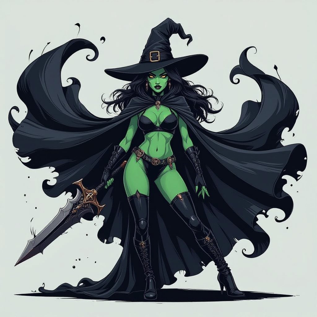 sexy shadow demon witch gypsy slate grey skin large black billowing cloak that emits darkness and shadow. Two piece. Witches Hat.  Wields Flamberge