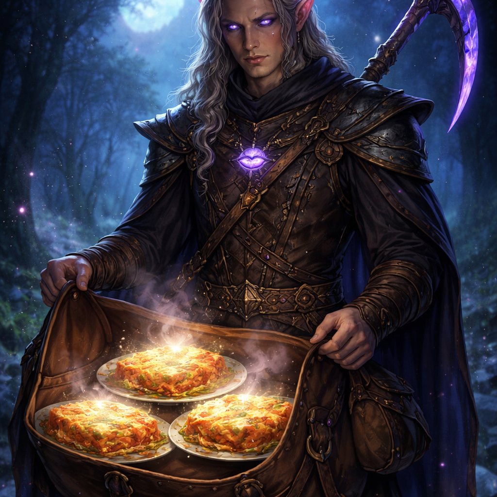 A half elf warlock with a necklace with an eye in it with a scythe on his back with a bag with three plates of lasagna in the bag