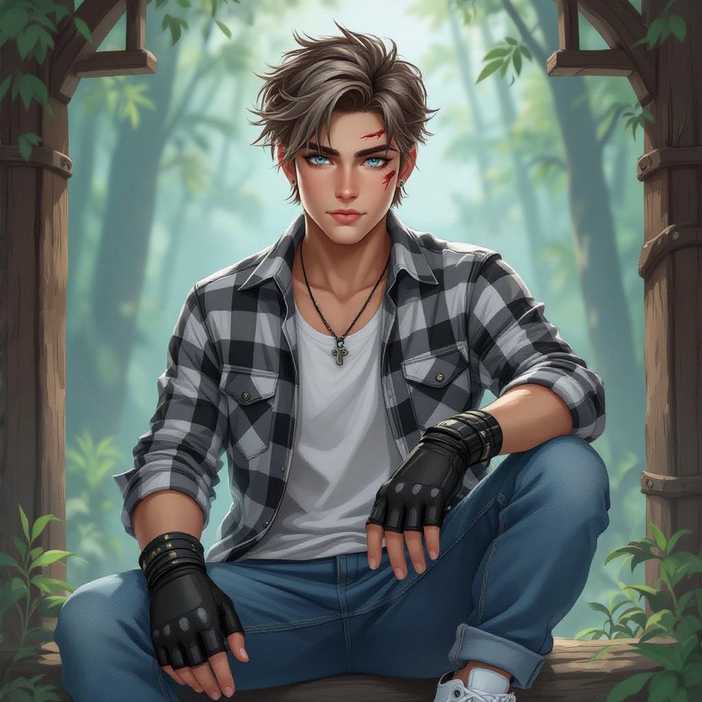 A 20 year old guy with grey eyes, light brown hair styled in a loose undercut modern curtain, wearing white airforce shoes, a white under shirt with a grey, black, and white plaid shirt with blue jeans, scar on the right eyebrow, hands are black open fingered gloves