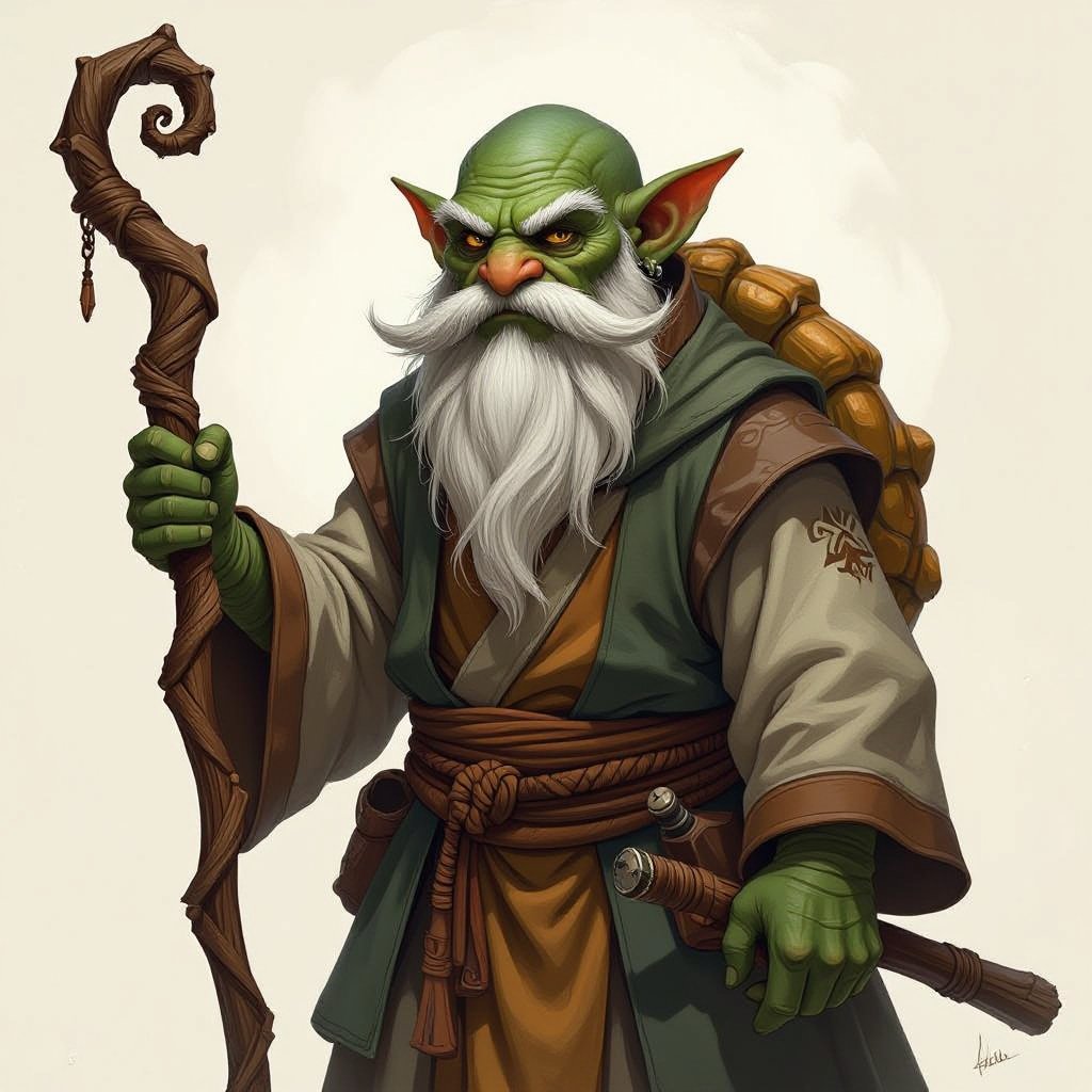 an old Tortle monk, he has a whispy mustache and a long pointy beard on his chin. His skin and shell are thick and gnarled. He is wearing classic monk robes. he is holding a wooden staff which has a curled and gnarled end at the top. he does not have ears.