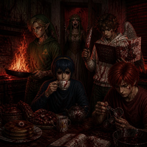 Super smash brothers link from legend of Zelda, pit from kid Icarus, Marth from fire emblem,Roy from fire emblem, there trying to make breakfast Roy looking at the measuring cups saying "which one do I use?" link holding pan that's on fire, pit trying to read the cookbook but it's upside down and holding a knife near a cutting board,Marth making himself some tea with a tired face expression think “why did I get up”, Palutena comes into the kitchen and yells "what are you guys doing!" All in casual clothes