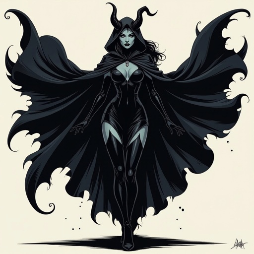 sexy shadow demon witch slate grey skin large black billowing cloak that emits darkness and shadow