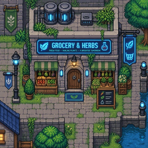 Grocery and herbs store for a futuristic fantasy city game, exterior, top down style