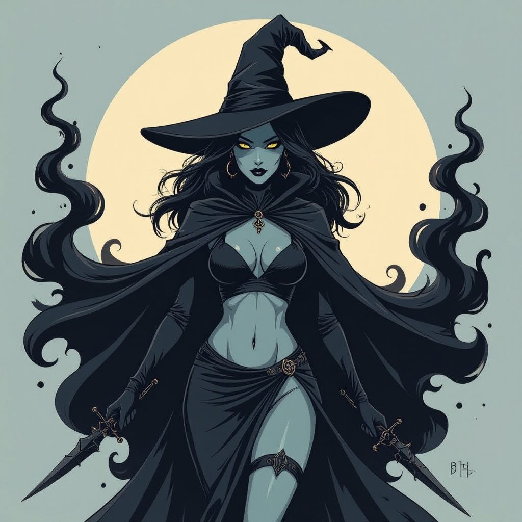 sexy shadow demon witch gypsy slate grey skin large black billowing cloak that emits darkness and shadow smoke. Two piece. Witches Hat. Wields Black Evil Shadow Smoke Daggers