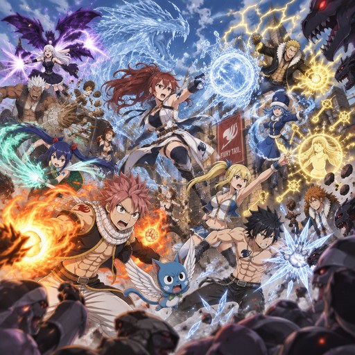 Colorful fantasy anime ensemble casting magic amid lightning, fire, and icy effects.