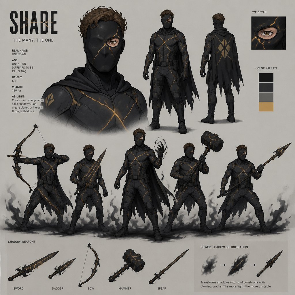 Male superhero with darkness solidification, weapons made of shadows, mask covers whole face except one eye,curly brown hair, cracks, middle aged, multiple of the same character