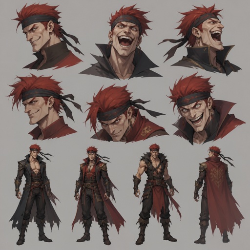 Male Villian, red hair, headband, crazy, multiple of the same character