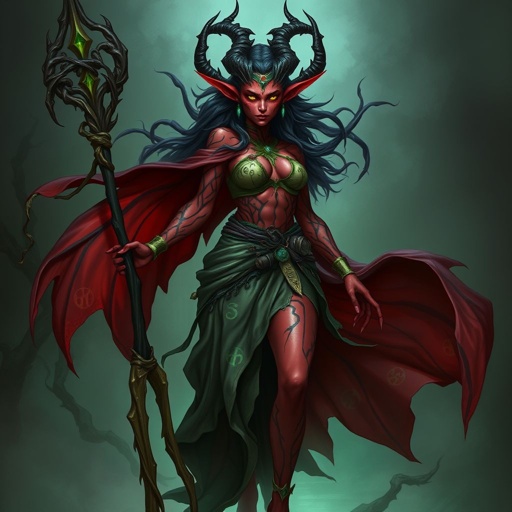 A giant red skinned female tiefling Druid, suffering from a corruption that causes her veins and skin to start becoming black. 