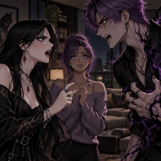 Three siblings, Female name Liz, oldest, tale, pale, beautiful, mysterious, black hair long curtain bangs style, bright blue eyes eyeliner liner, dark eye shadow, red lips, wearing jewelry, Anime style, Agent Ward male, middle child, made to be a weapon, highly skilled, emergency backup case he gets out of control, hair violet messy bun, clean shaven, night vision eyes no goggles, sharp teeth, dark power, tall, intimidating, he's used as an emergence backup weapon, Female Ann, youngest sibling, medium hight pale, tan, blue eyes, vivid purple dim hair in a messy bun her front hair is swooped down in her right side, all in the living room Liz and ward are angrily arguing wards power starts get a little out of control, Ann looking a little concerned tears in her eyes,Liz saying to ward “mom and dad would hate what you’re doing”ward says “there dead why does it matter I didn't choose to get these powers it was aunts choice to put me in the experiment place”