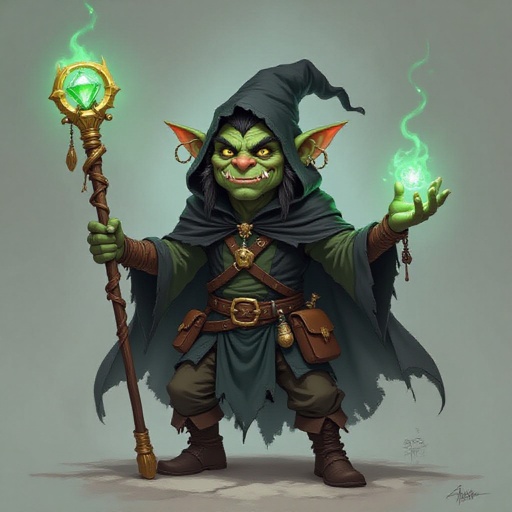 A slouching orc/goblin, with greenish-grey skin, black hair, nose ring piercings, he wears a tattered black hood and cape. He is a dark magician/sorcerer, although very amateur. He carries odd trinkets and things that may be used for magic or spells in his belt pouches. He wields a long straight golden staff, that goes above his head, and at the tip of this staff is a bright green emerald, encircled by a ring of gold. He is posing, unique to his character, about to cast a spell, he is a trickster, smiling.