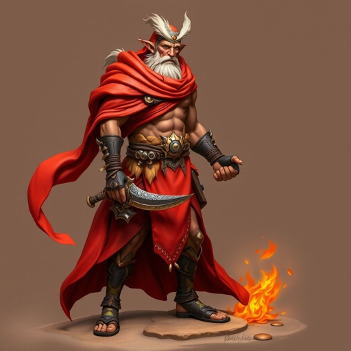 Create handsome hero Rhen the Fire-Singer – A lean, muscular man. He wears layered, flowing desert robes dyed in warm reds and golds, with scorch marks where flames have licked them. A curved blade hangs at his hip. Show her whole body head to toe including her shoes.