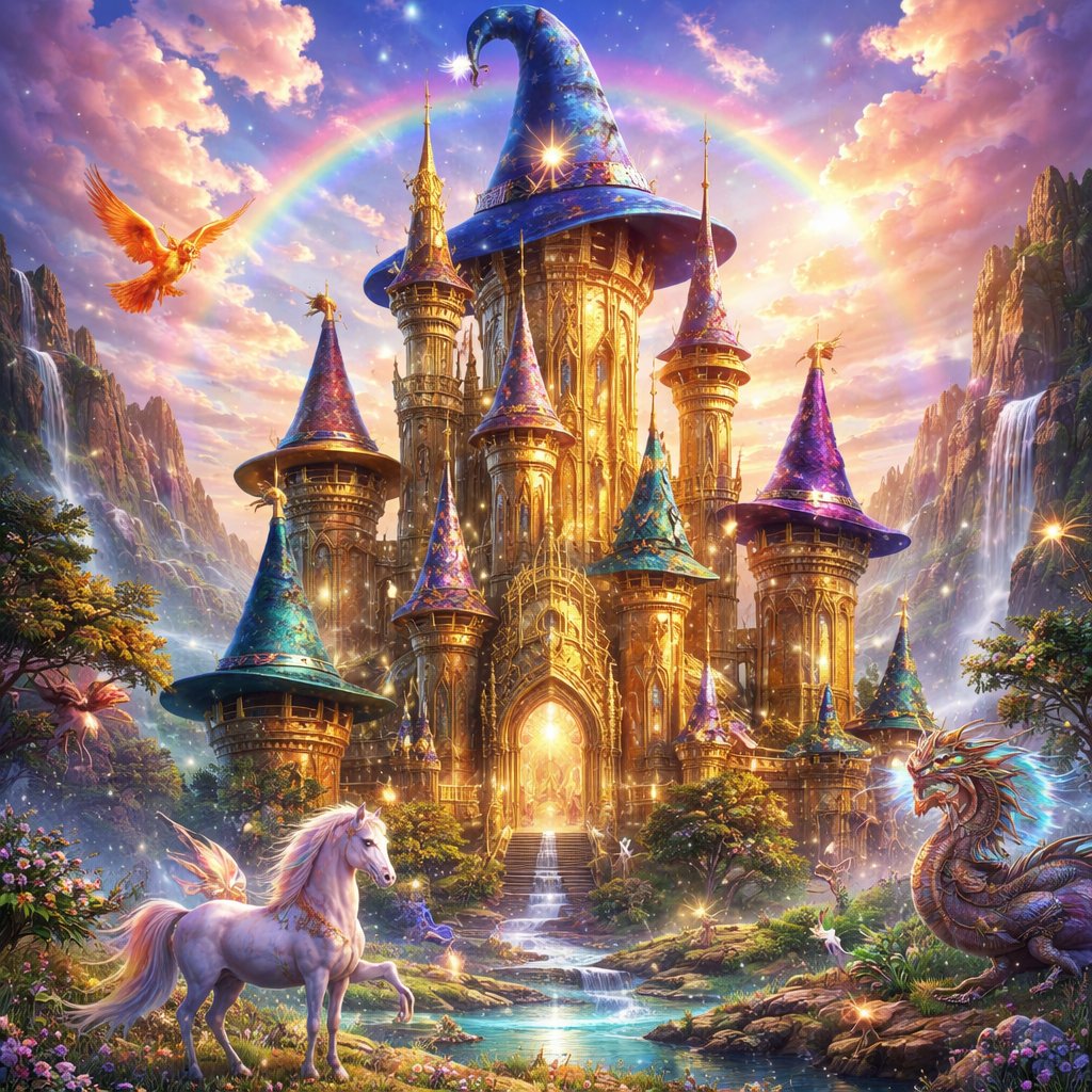 A gold castle with hats on