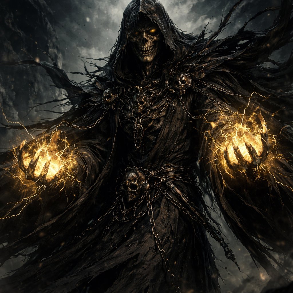 A wizard who is wearing all black. He has a long black cape and has the hood over his head. He looks really evil and strong. He has a small evil grin. His hands glow with gold.