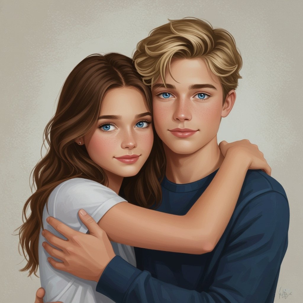 brown hair girl with blue eyes age 14 hugging a taller blonde boy with blue eyes age 15