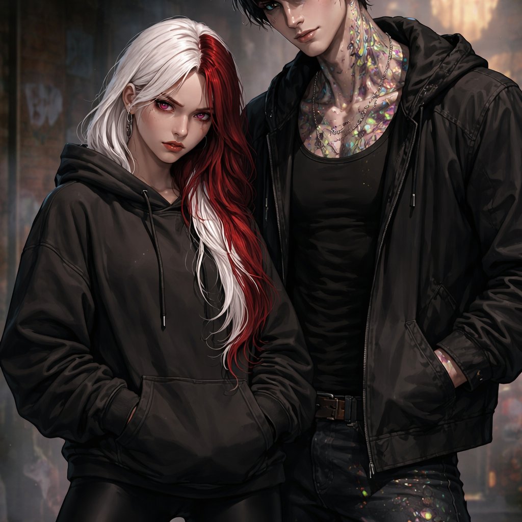 A girl with White long hair with red highlights golden skin ruby eyes she is wearing leggings and a baggy hoodie her sleeves are all the way down and she has a scowl on her face a defiant glare in her eyes next to her is a tall built man he has black hair and gems embedded in his skin almost like snake skin. He has green eyes and his pupils in slits he has pale skin