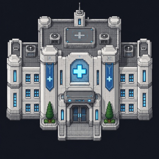 Hospital for a futuristic fantasy city game, exterior, top down style