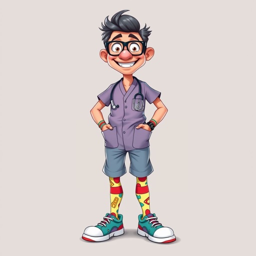create a doctor. Who is funny human looking from head to toe. And he always immediately results to surgery for anything even small things. So please be sure to show his whole outfit head to toe. Make him have only 1 tooth