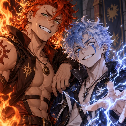 Twin brothers adults, green eyes, light skin, one brother is taller and stronger with freckles, the other brother is thinner, no freckles, the skinny one has light blue and lightning white streaks color curly longer hair sticking up at bottom lightning hair Static Electricity ,grinning, white eyes with light blue in the middle, six lightning mascara down face, earrings, lightning powers longer curly hair, earrings, other brother is buffer orange red curly hair, big grin,right eyebrow shaved in the middle,freckles Male, yellow orange and red curly hair, hair looks like fire,grinning, right eyebrow shaved in middle, green eyes, has fire powers, eye colors are yellow orange and red fire 