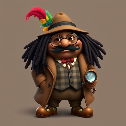 Create a funny fat character similar to Sherlock Holmes, but make him of black decent and with dread locks. Show his whole outfit including his shoes.