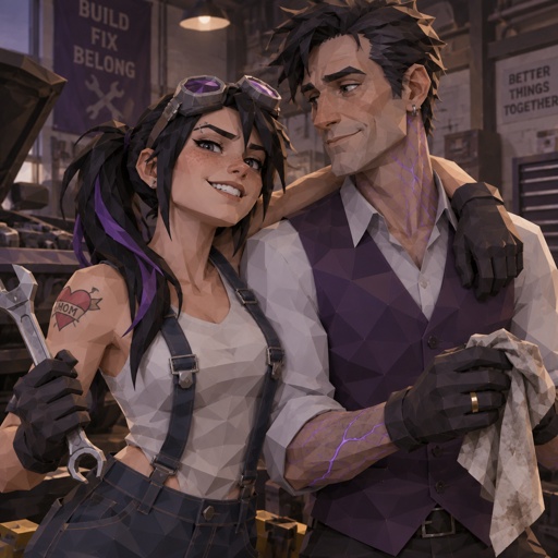 Female, freckles, 18, side ponytail black hair with purple strips, mechanic goggles, white shirt no sleeves no cleavage showing, Jean suspenders, black work gloves, big smirk, eyebrow piercing, red heart with an arrow going through it with the word mom on the heart tattoo on right shoulder, Male, slim, black messy hair, back hair, brushed side hair,, ear piercing ring, mid 40s, gloves, purple glowing veins, purple vest, white shirt, wedding ring, clean shaven, father and daughter 