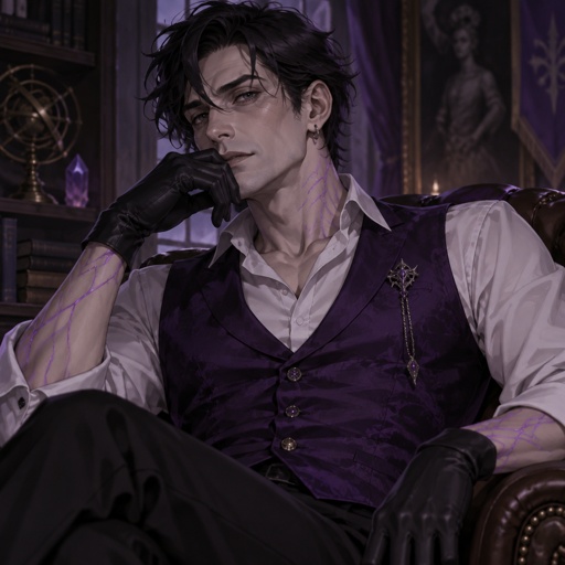 Male, slim, slight eye bags, black messy wavy hair, back hair, brushed side hair, strands of hair in the middle of forehead, ear piercing ring, gloves, purple glowing veins, purple vest, white shirt, no facial hair, bad guy, mid 40s