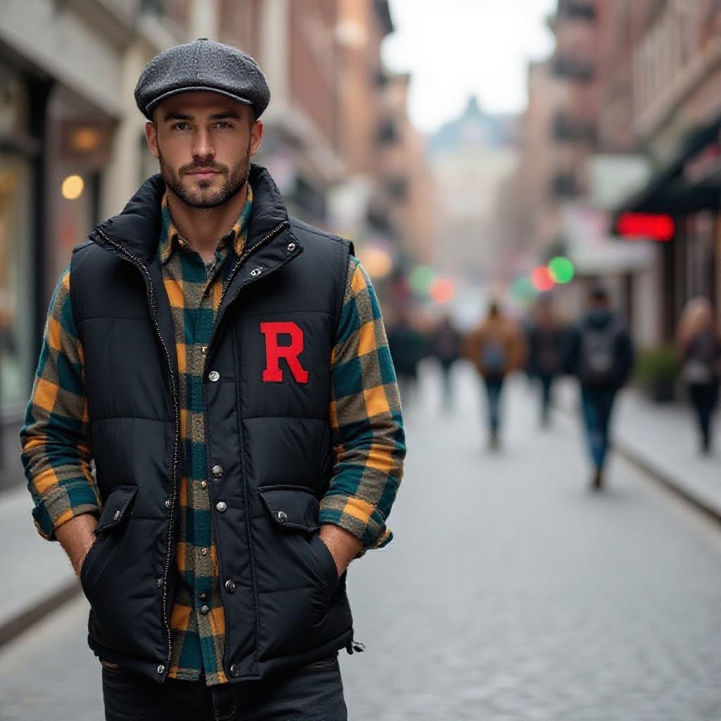 Man in black and light Grey puffer Vest . A Teal and Yellow Flannel underneath. He wears a dark grey leather flat cap with a Red R that’s been slashed on the vest and Cap. Black denim jeans and dark grey combat boots