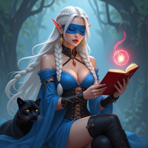 She is an elf. She has long platinum blonde hair. Her hair has to small Dutch braids in the front of her head. The rest of her hair is cascading down her back. She has gold dangling earrings in her ears. She has a blue blindfold covering her eyes. She has the same blue color of the blindfold as the color of her dress. Her dress has a black corset with two leg slits. Her sleeves of the dress are also the same blue and they are flowing down her arms. She has arm cuffs on both arms and she has a knife strapped to her left leg. The knife strapped to her leg has a blood red gem on the hilt. She has a large panther walking beside her. In her left hand she is casting a small glowing orb and in her right she is holding a spell book. The spell book is red with black writing. She has black boots on her feet.