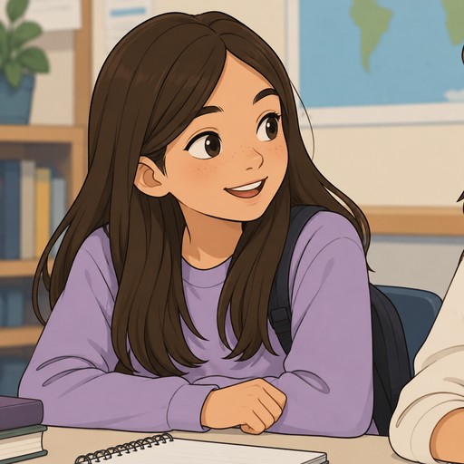 a school tween girl looking to the right like in a conversation. looks like a drawing